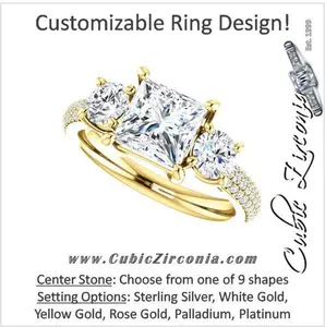 Cubic Zirconia Engagement Ring- The Nicole (Customizable Three-Stone with Round Prong and Pave Accents)