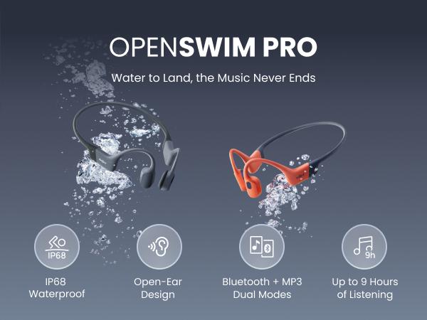 SHOKZ OpenSwim Pro - Open-Ear Bone Conduction Bluetooth Headphones & 32GB MP3 Player, IP68 Waterproof, Secure Fit for Workouts, Running and Swimming