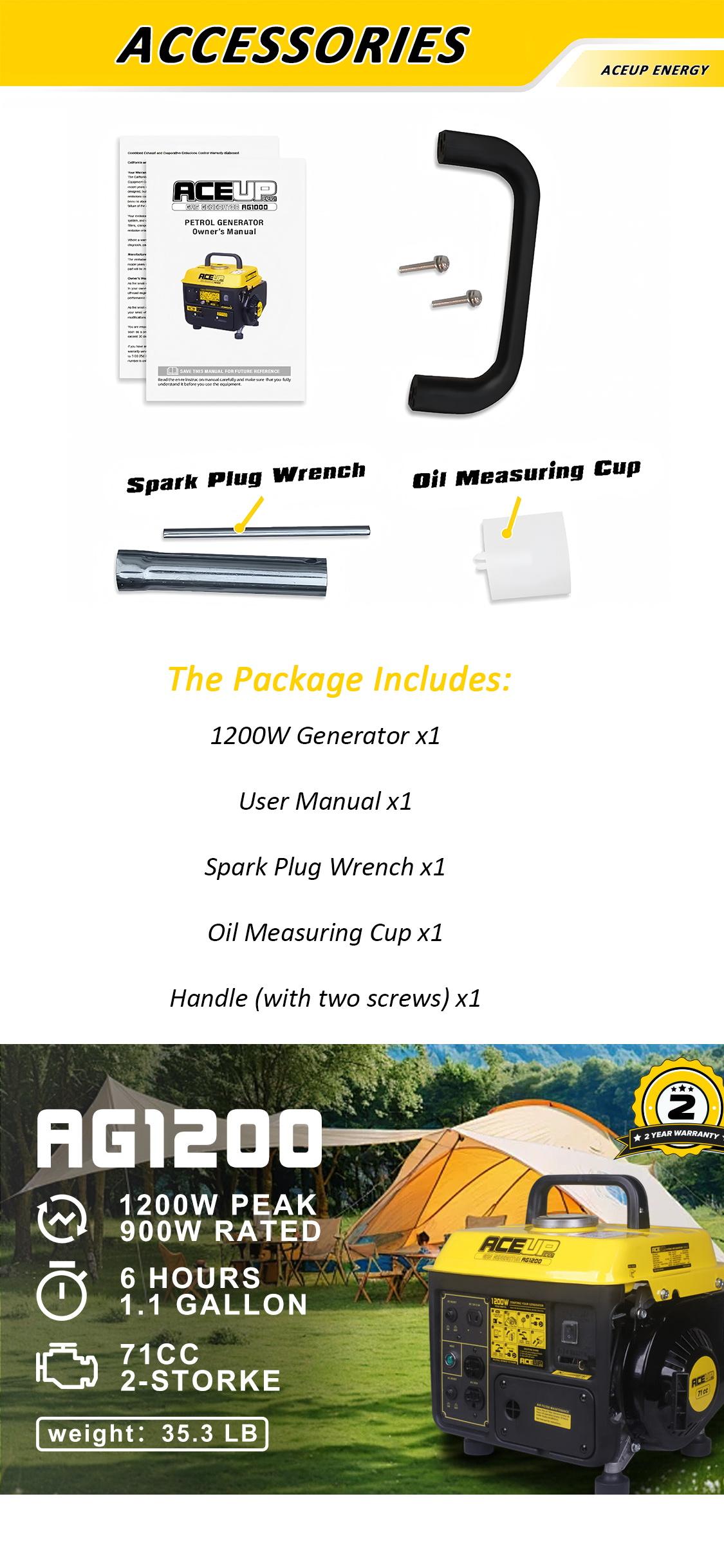 Aceup Energy 1200W 2-Stroke Portable Gas Generator AG1200 Small Ultralight Camping EPA & CARB Compliant