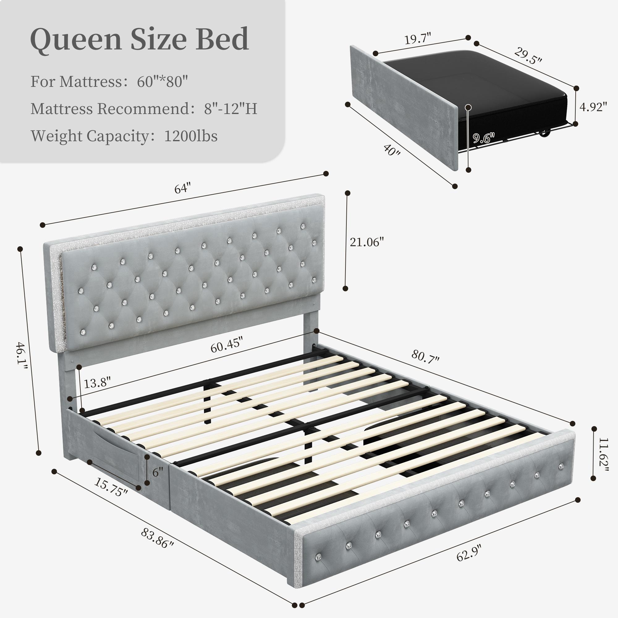 Sibeds Queen LED Bed Frame with 2 Storage Drawers, Adjustable Crystal Tufted Headboard, PU Leather & Velvet, Noise-Free Solid Slats, No Box Spring Needed, Easy Assembly, Modern Design