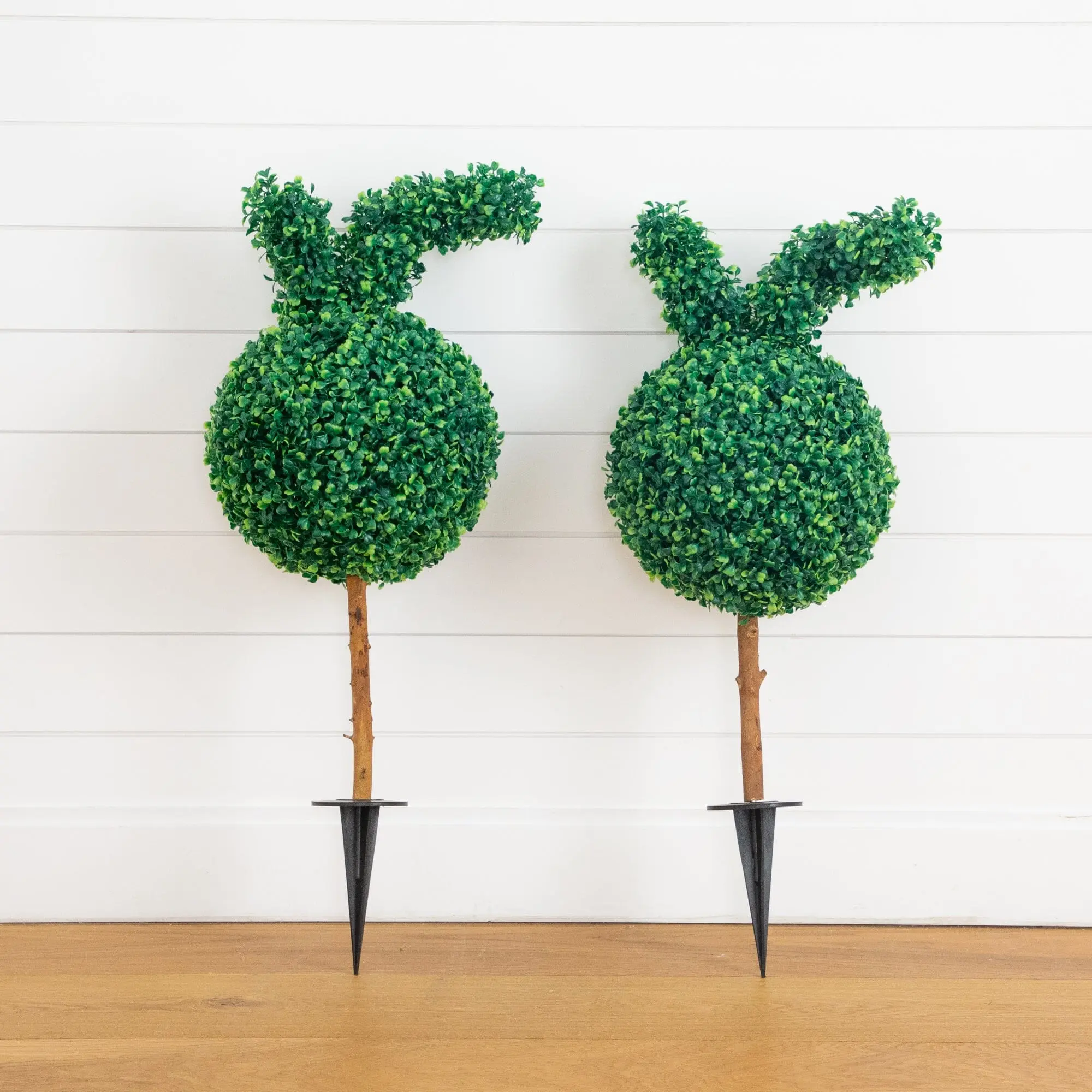 Decorative 2-Piece 2ft UV-Resistant Synthetic Bunny Shape Boxwood Topiary Set with Integrated Stake - Playful Indoor/Outdoor Artificial Home Decor Plants, Artificial Plants