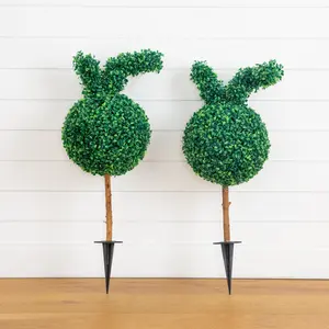 2' UV Resistant Artificial Easter Bunny Boxwood Topiary with Integrated Ground Stake (Indoor/Outdoor) - Set of 2