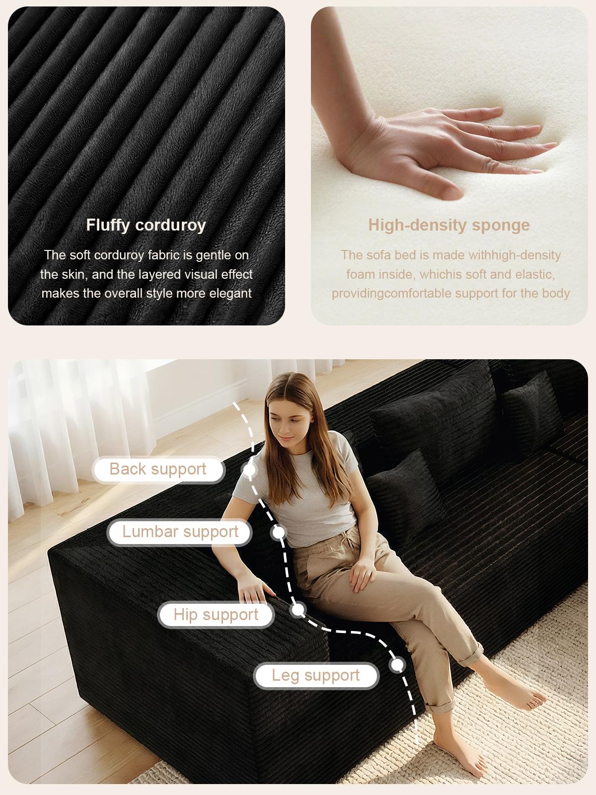 Extra-large L-shaped sofa with chaise lounge, minimalist design with a compact frame, no assembly required, modular cloud-style sectional sofa, 105 inches, suitable for living room and bedroom (Black)