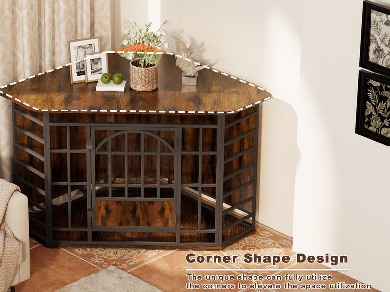 【HolidayHaul】COZPAW 52 Inch Corner Dog Crate Furniture,Wooden Dog Kennel Indoor Furniture End Table,Modern Dog Cage Decorative Pet House TV Stand for Large Medium Dogs,Vintage Brown