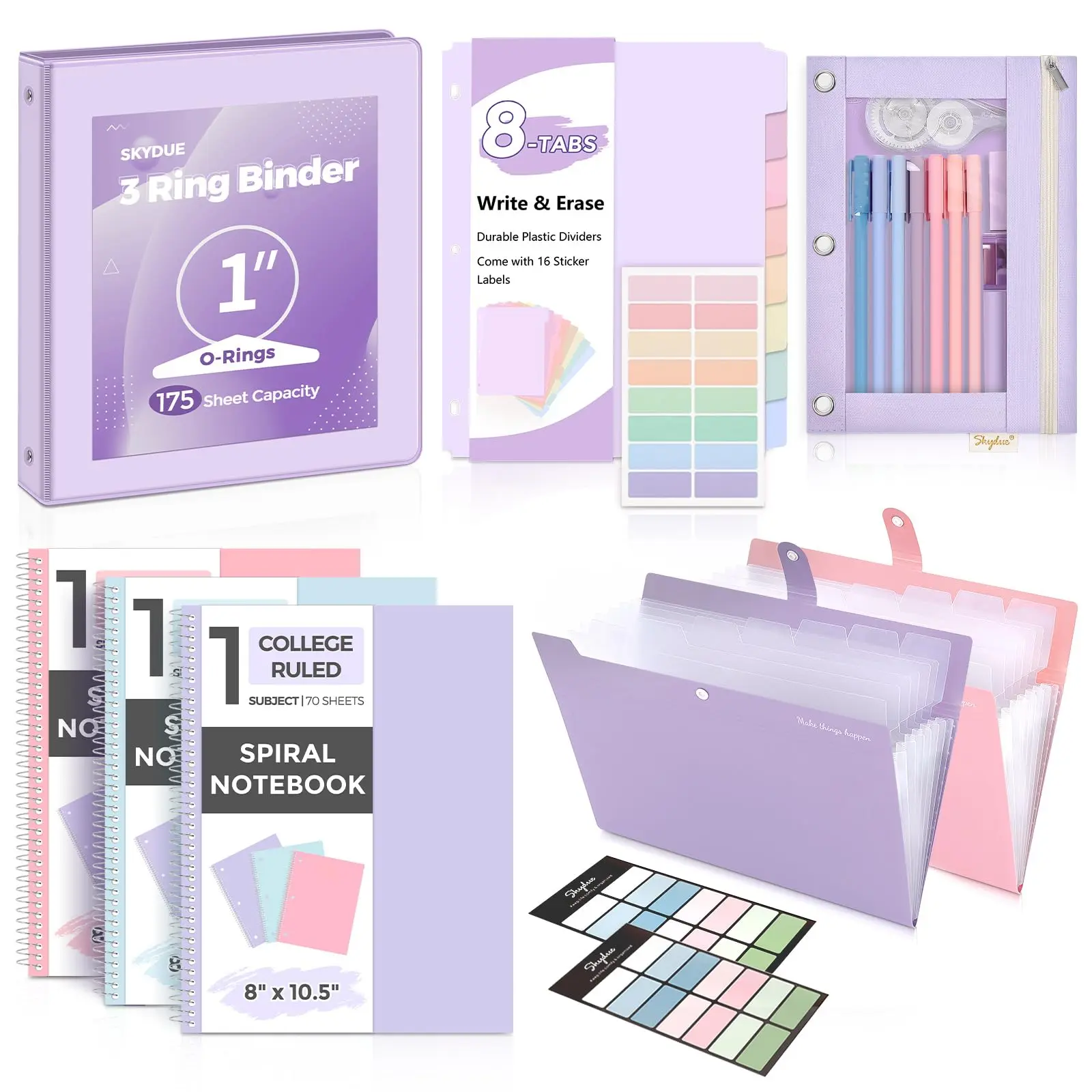 SKYDUE Aesthetic School Supplies Bundle - 1" Binder, 2 File Folders, 3 Notebooks, 8 Dividers, Pencil Pouch - Classroom Supplies, Office Study Materials for Back to School Essentials,back to school haul,college school supplies,back to school shopping