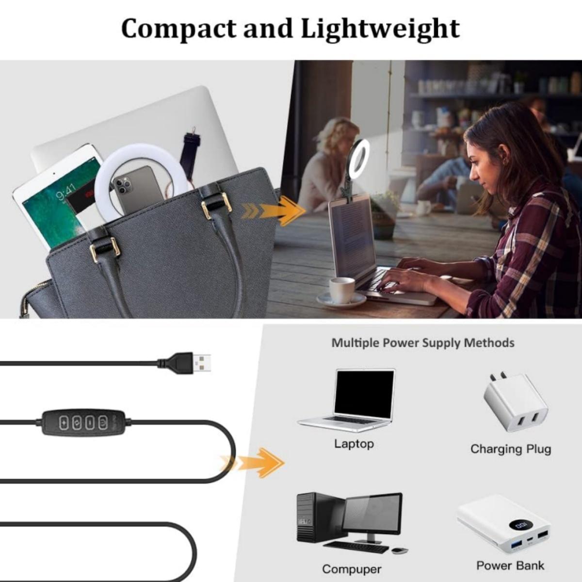 2 in 1 Ring Light Clip on & Bracket Kit, Mini Portable Video Conference Lighting with Desk Stand Kit, Clip on Laptop Monitor with 5 Dimmable Color & 5 Brightness Level for Phone Selfie Lighting Working Live Streaming, For Girls Women Lover Friend Gift