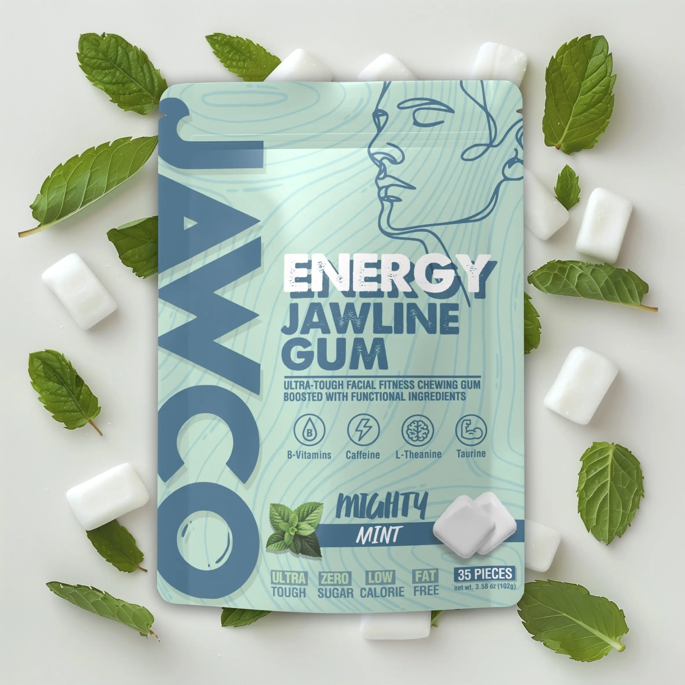JAWCO Ultra-Tough Jawline Chewing Gum + Energy | Get a Stronger, Squarer Jawline | 30mg Caffeine, L-Theanine, B Vitamins, & Taurine | Mint Sugar-Free Nootropic Hard Gum | 35 Pieces/Pack