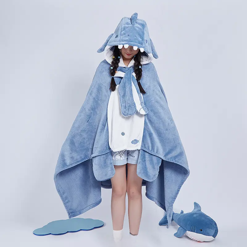 Luna Shark Coral Fleece Cape Blanket Hooded Robe