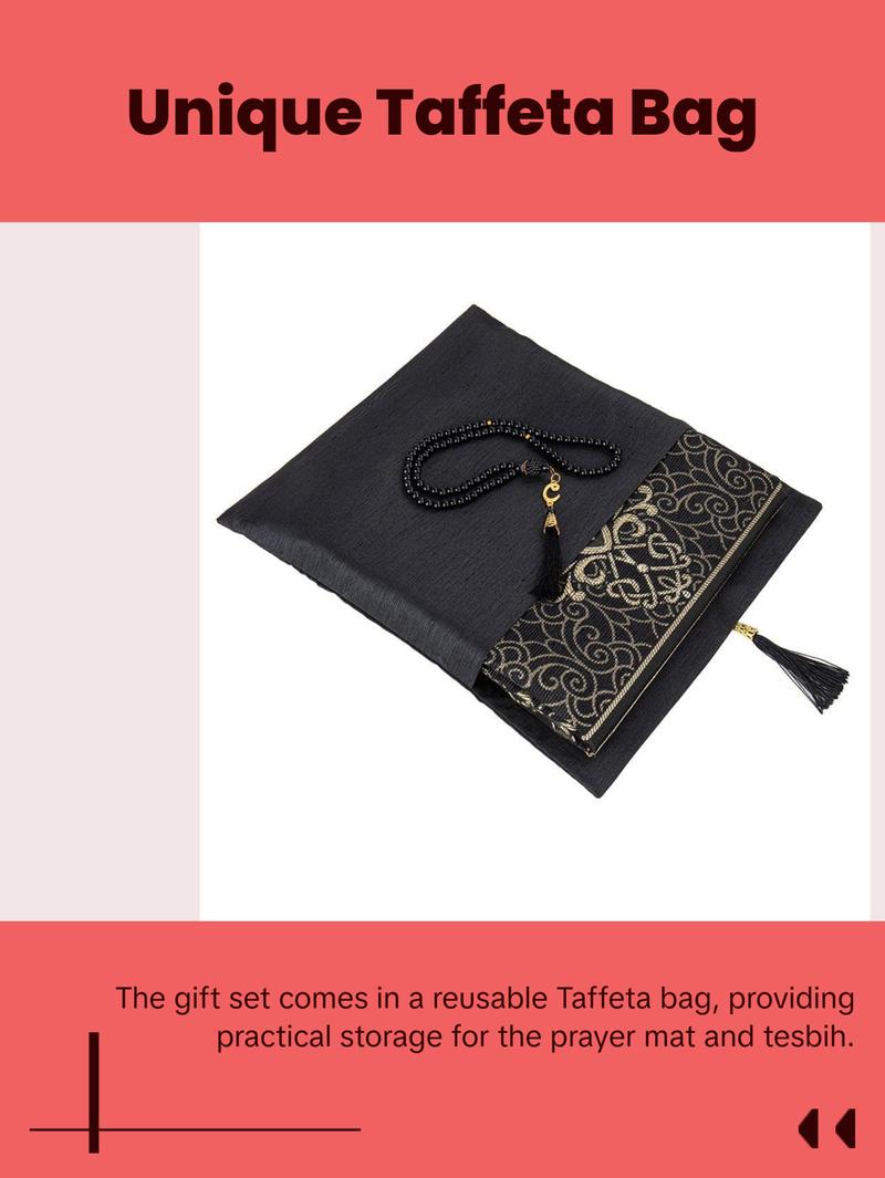 Islamic Gift Set - Prayer Mat & Tesbih in Taffeta Gift Bag - Black