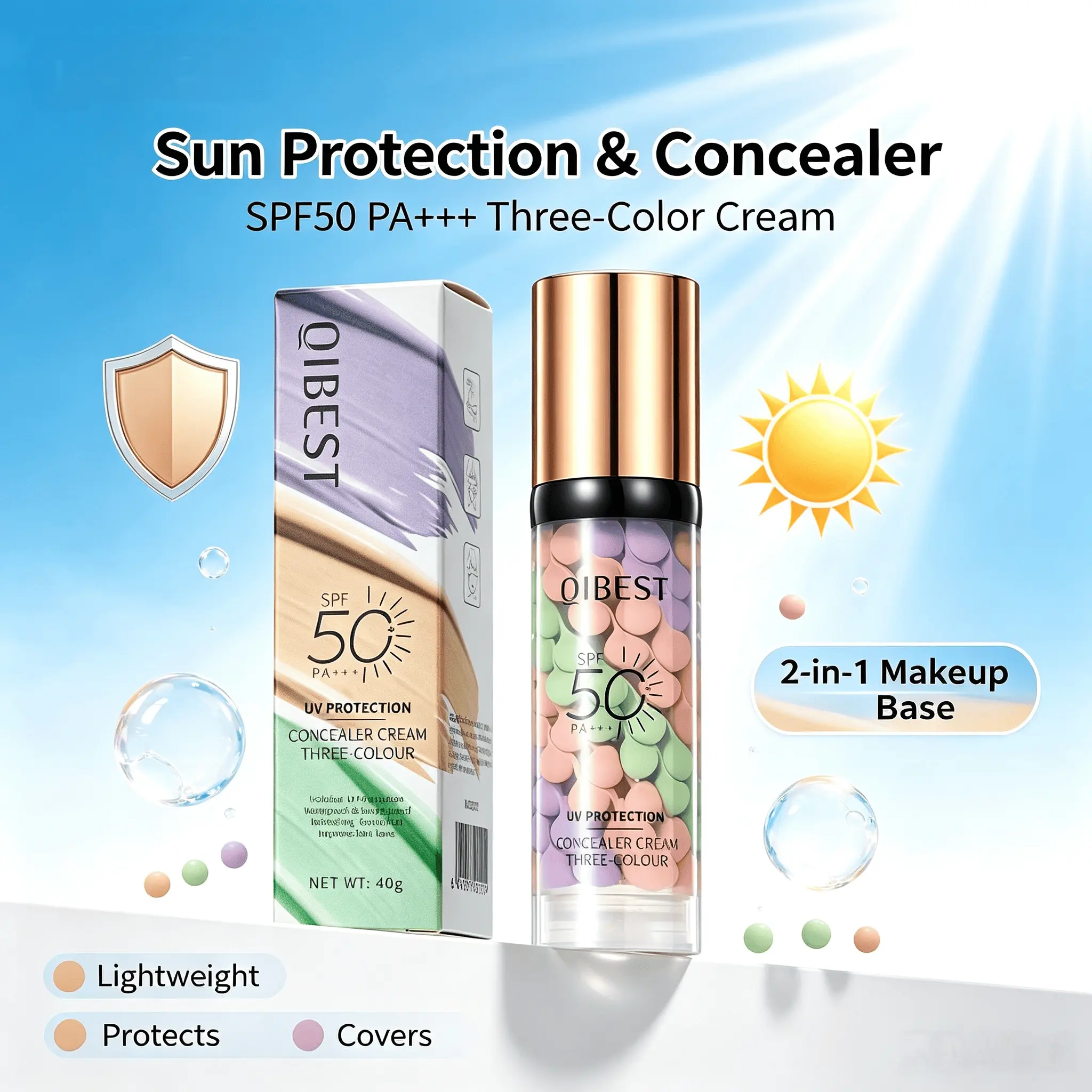 QIBEST 3‑Color Correcting Isolation Cream, SPF50 PA++++ UV Protection Primer, Oil‑Control Tone Adjusting Makeup Base for Daily Skin Care