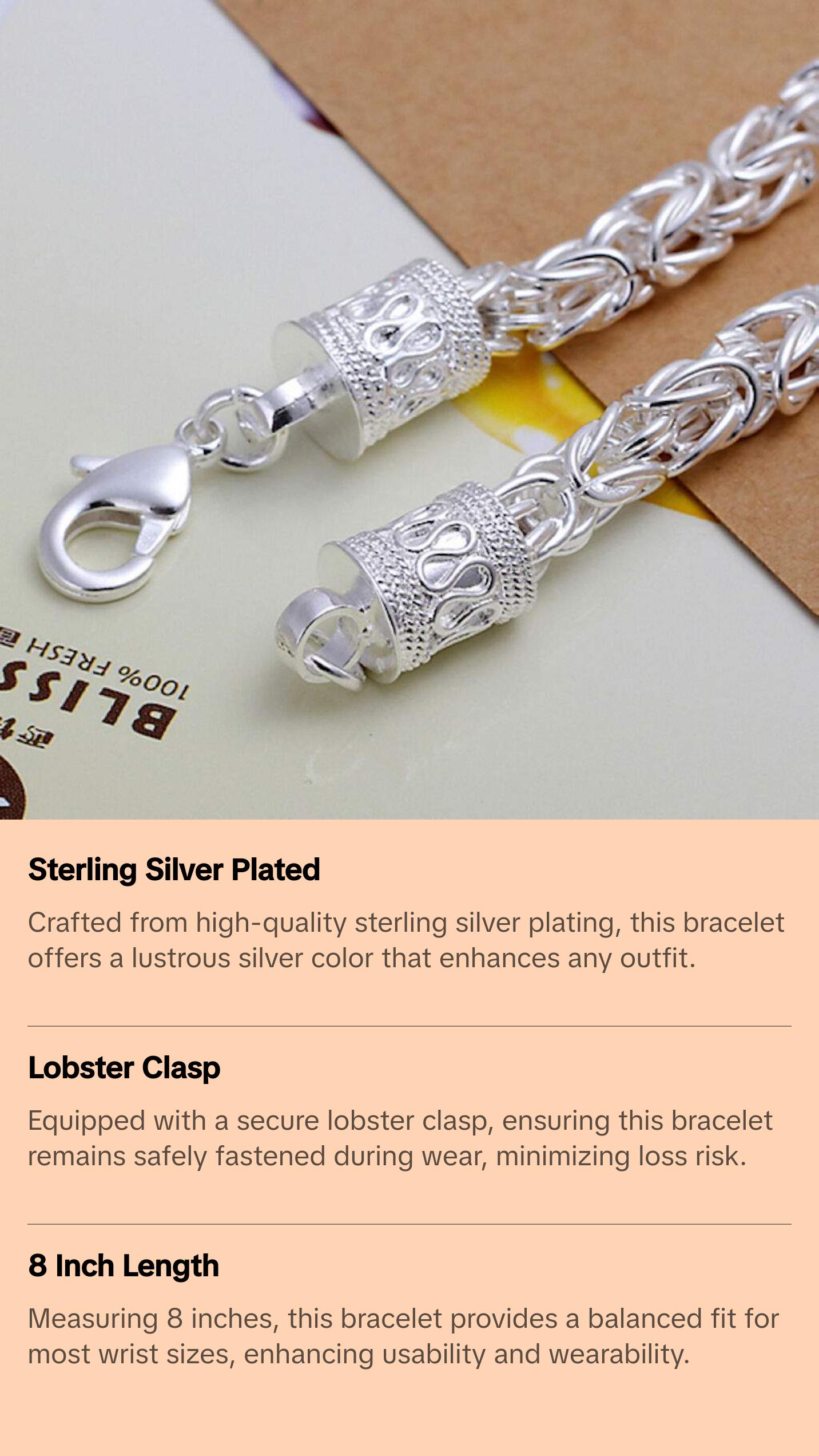 Unisex Sterling Silver Plated Link Chain 8 Inches Lobster Bracelet L59
