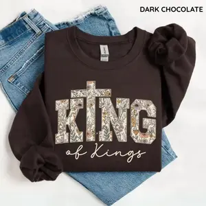 King of Kings Jesus Sweatshirt & Tshirt in vintage Christian streetwear style, soft cotton fabric, faith-based sweater, perfect cute gift for women who love religious apparel