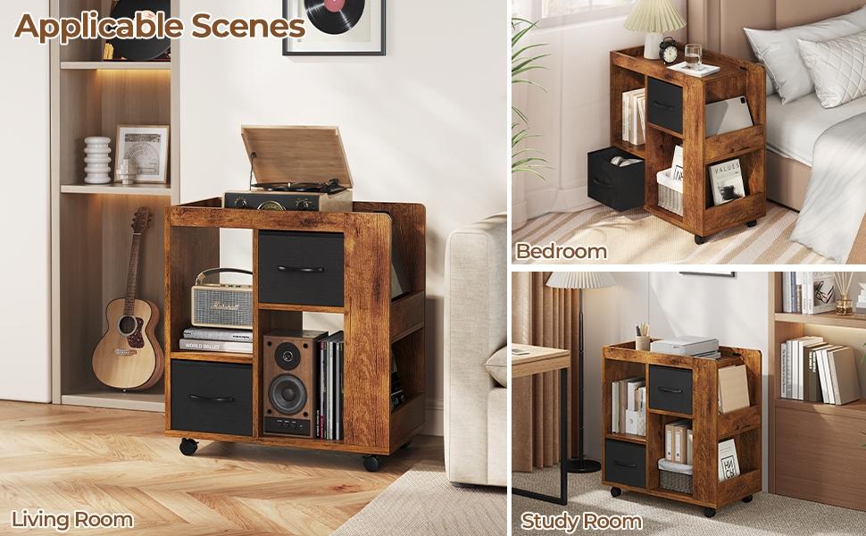 Yaheetech Rolling End Table with Storage, Foldable Fabric Drawers & Magazine Racks, Multi-Storage Wooden Side Table with Wheels for Living Room & Home Office