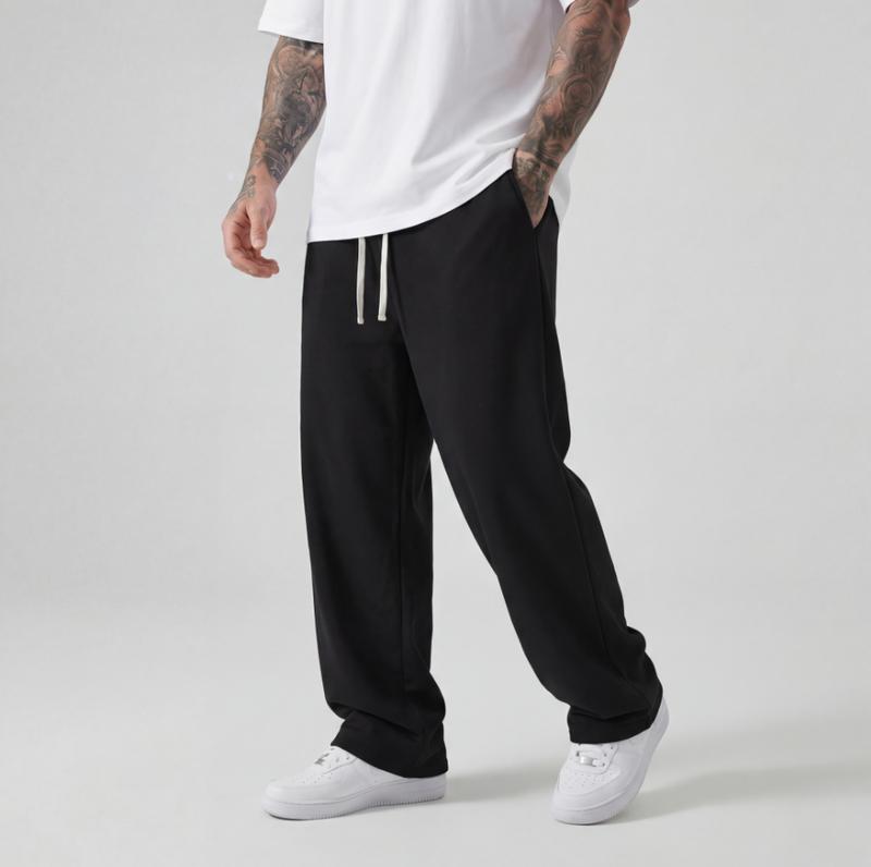 Men's Casual Jogger Pants - Straight-leg loose fit, elastic waistband with drawstring, side pockets, all-season comfort, athletic style long pants, knit fabric, durable material