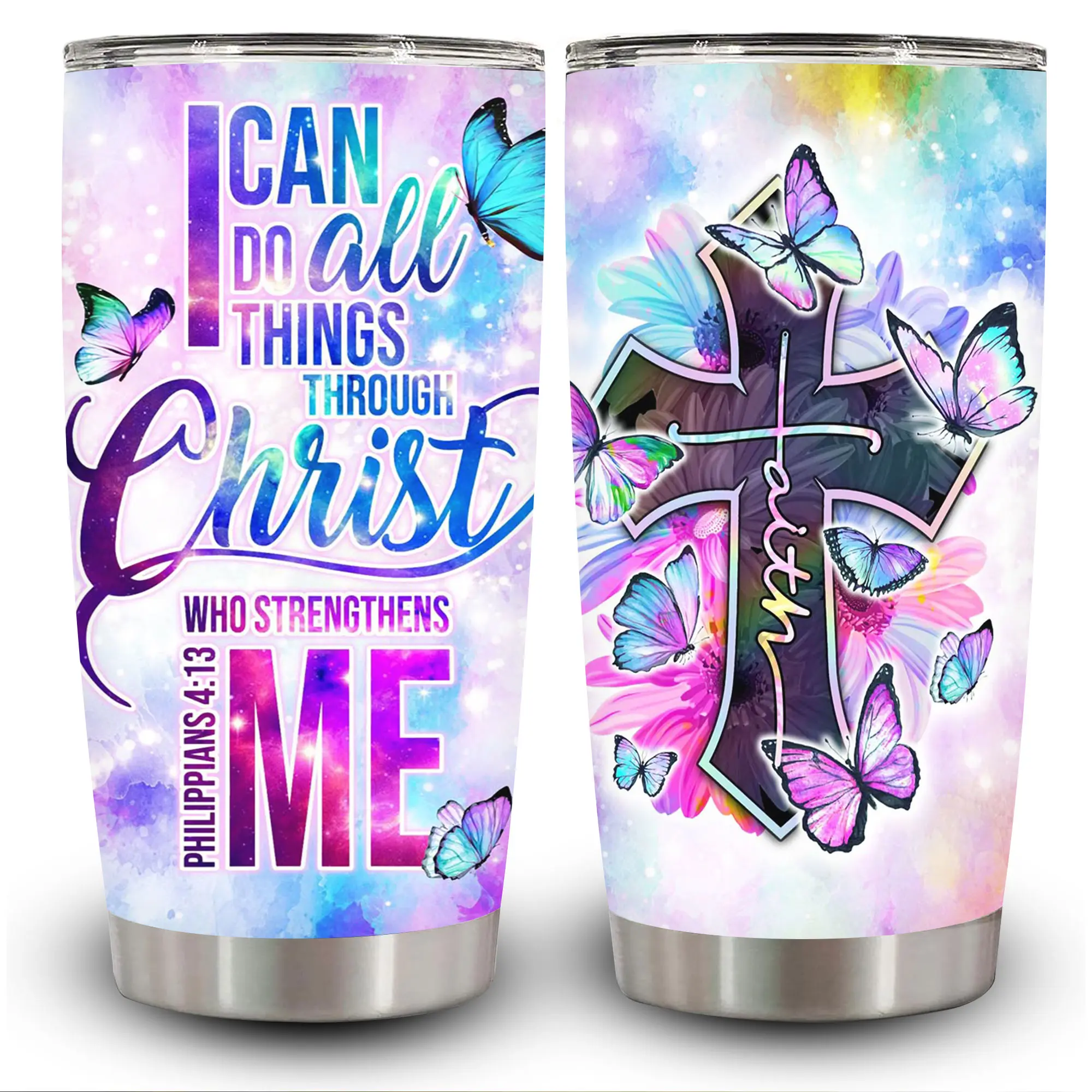 1pc 20oz Butterfly Christian Scripture Insulated Travel Tumbler with Lid, Vacuum Flask Coffee Cup, Ideal Gift for Women, Suitable for Birthday, Halloween Celebrations, Flasks