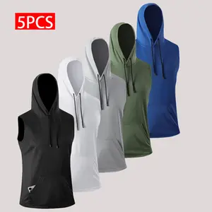 Men’s Ice Silk Sleeveless Hooded Tank Top Pack of 5 – Loose Fit for Summer
