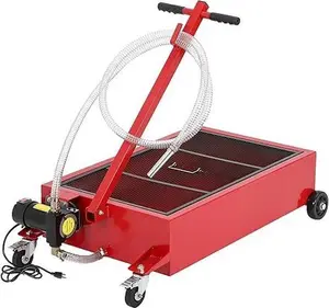 Oil Drain Pan, 20 Gallon Low Profile ， with 180W Electric Pump,  with 8.2 Ft Hose & T Folding Handle, Rolling Oil Drain Cart for Truck, RVs, Buses，Red