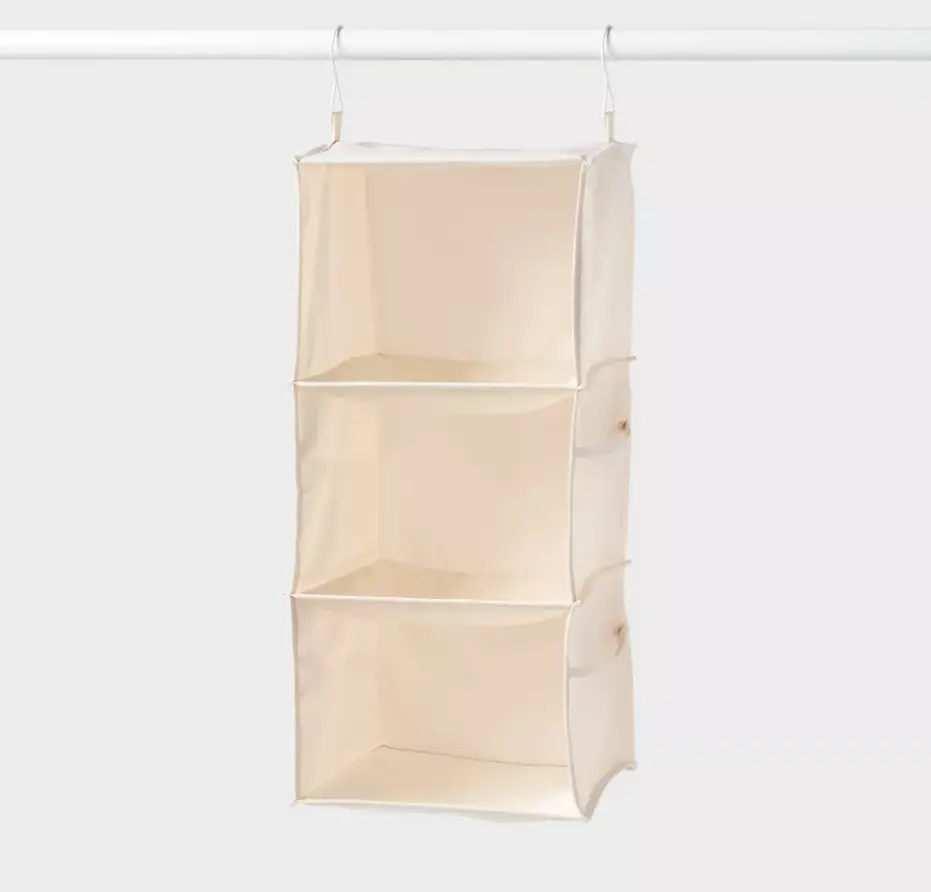 Ivory 3-Tier Hanging Fabric Closet Organizer with Side Storage Pockets, Space Saving Wardrobe Hanging Shelf for Clothes, Sweaters