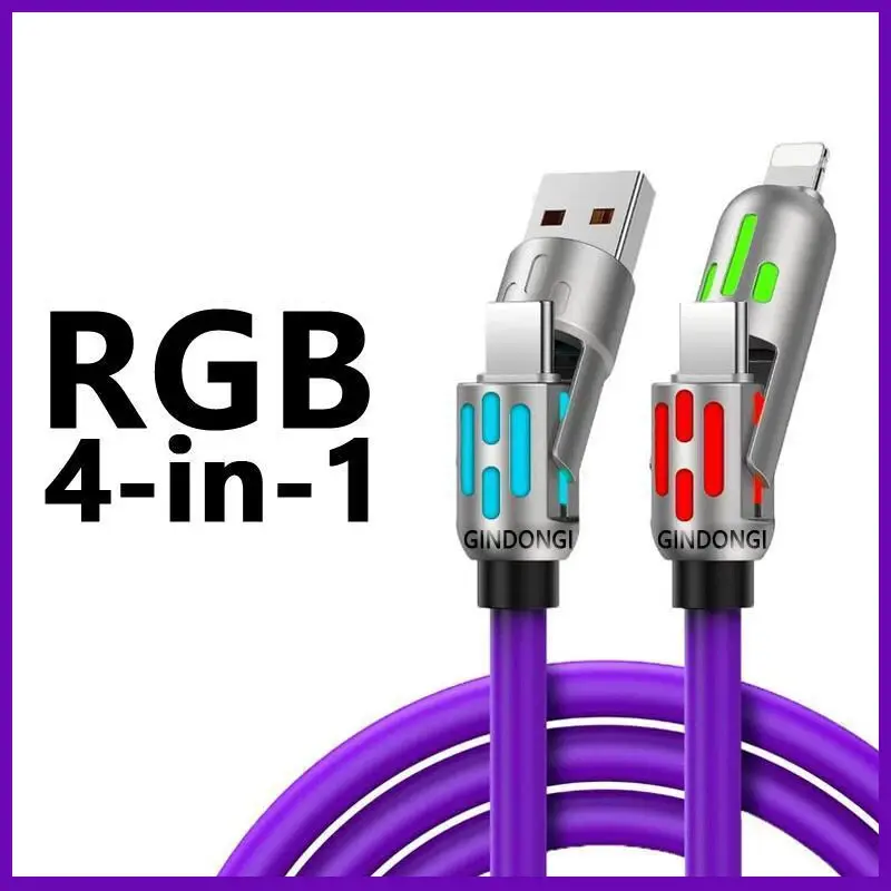 4-in-1 Multi-Functional USB-C/Lightning Universal Cable, 240W Fast Charger for Phones/Tablets, Breathing LED Light, Multiple Device Charging, Type-C Cable Charger, Light Up Your Space Daily Use, Smartphone