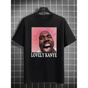 Men'S Casual Crew Neck T-Shirt with "Lovely Kanye" Print, 100% Polyester Knit Fabric, Slight Stretch, Regular Fit, Summer Fashion Top for Adults - Comfortable & Trendy