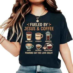 Fueled by Jesus and Coffee T-Shirt - Christian Faith Graphic Tee for Men and Women, Inspirational Religious Coffee Lover Gift, Vintage Short Sleeve Casual Cotton Shirt, Spiritual Scriptural Apparel