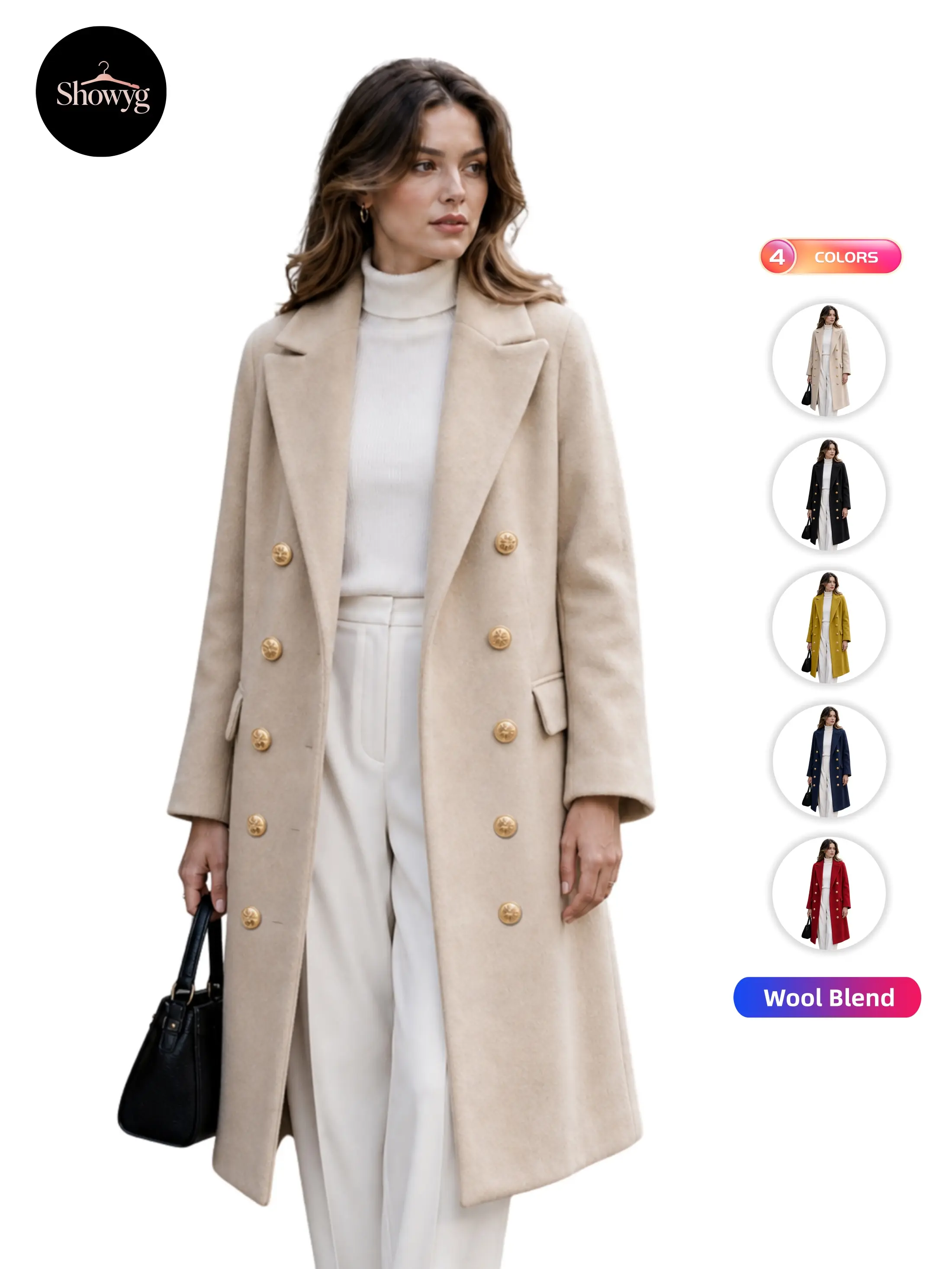 Showyg Women's Outerwear Jackets - Chic Elegant Lapel Collar Double-Breasted Wool Blend Mid-Long Loose Straight Long-Sleeve Street Fashion Coat With Decorative Front & Cuff Buttons