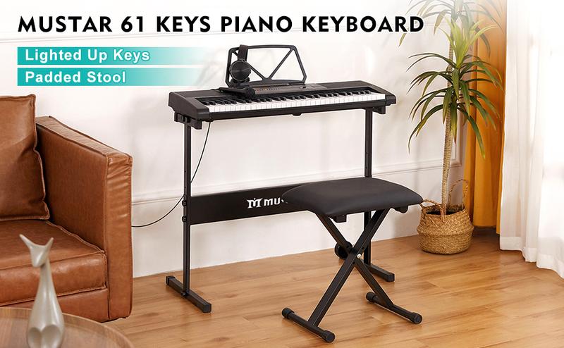 MUSTAR Piano Keyboard with Lighted Up Keys 61 Keys Electric Piano Keyboard for Beginners Includes Microphone Headphones and Bench Perfect for Learning