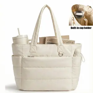 Quilted Down Bags 20L Puffy Quilted Tote Bag for Women, Lightweight Bubble Nylon Laptop Shoulder Bag with Multiple Compartments for Work, Travel, and College