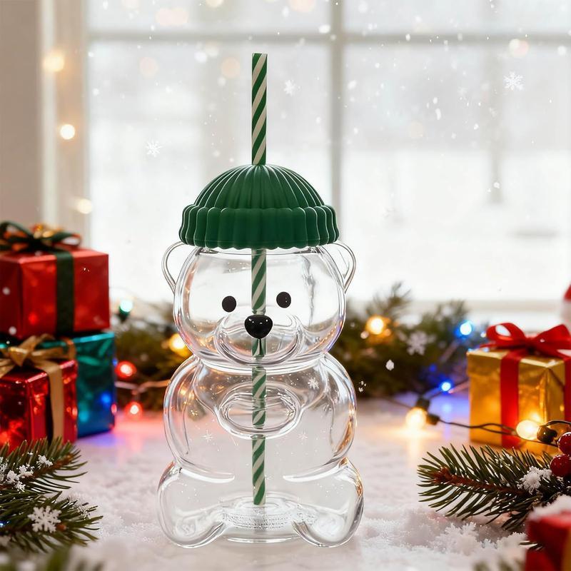 Viral Bearista Cold Cup for 2026 Holiday Collection Nostalgia Cute Bear Cup With Striped Straw 20oz High-Quality Glass Mug for Coffee Beers Wine Cocktail Drinks Teddy Bears Cup With Green Beanie-Style Lid