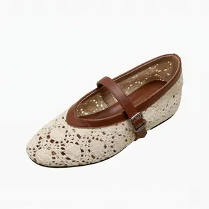 Women's Crochet Mary Jane Flats Breathable Hollow Out Vintage Lace Casual Slip On Shoes with Adjustable Strap