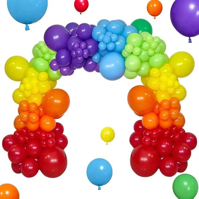 AsBalloon 108Pcs Rainbow Multi Size Latex Balloon Arch Garland Kit Bright Red Orange Yellow Blue Purple Balloons For Kids Birthday Carnival Baby Shower Festival Backdrop Decor Thick Elastic Hard To Tear RainbowBalloonArch PartyGarlandKit KidsBirthdayDecor