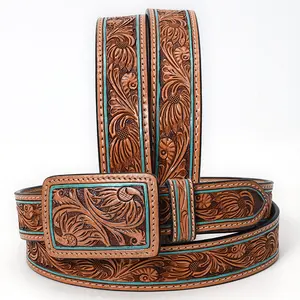 American Darling Beautifully Hand Tooled Tan Genuine Leather Belt Men and Women Western with Removable Buckle