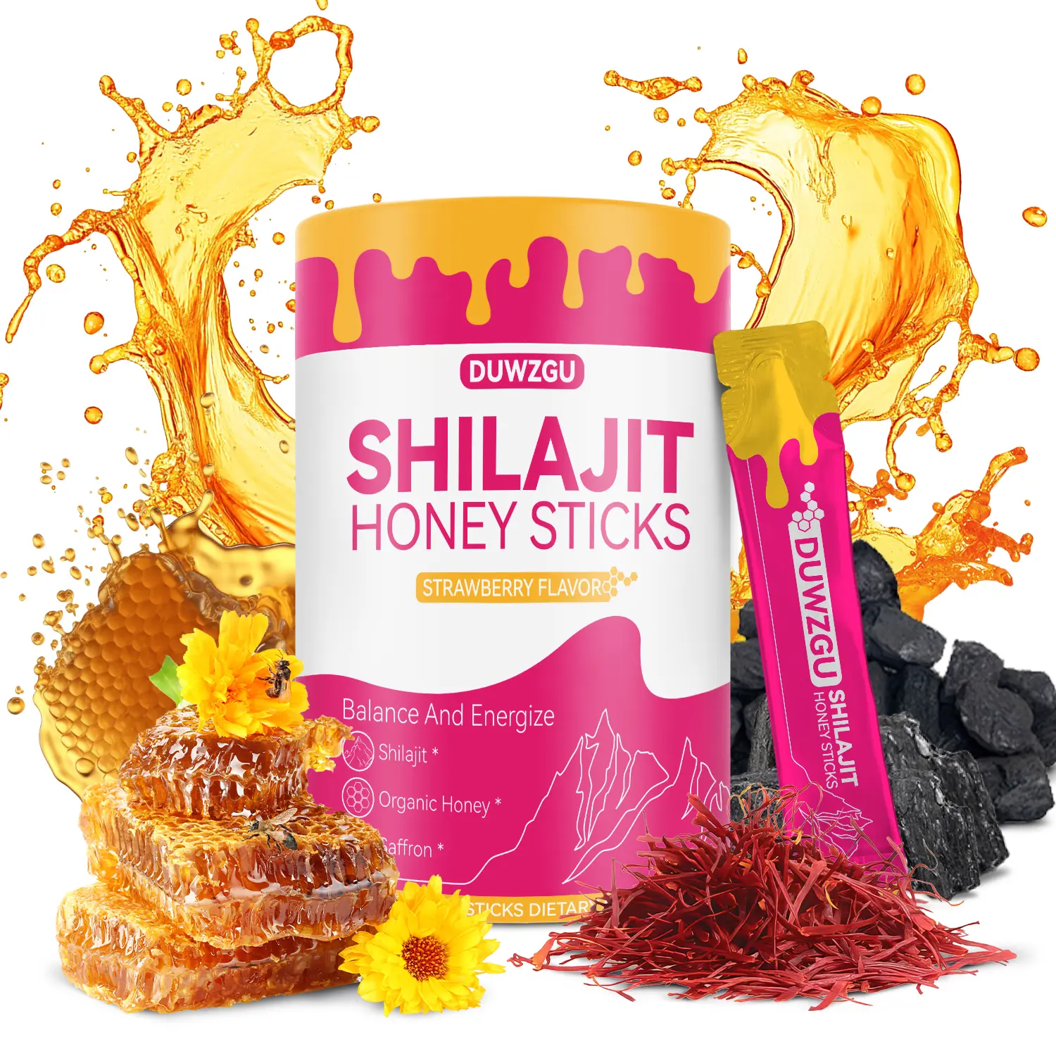 Feminine Multi-Mineral Honey Sticks with Shilajit Shatavari & Saffron for Hormonal Balance Energy Strawberry Flavor Healthcare Dietary Supplements