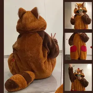 Cute cartoon animal velvet jumpsuit in winter, warm wool lined hooded pajamas, raccoon role-playing ear tail pajamas
