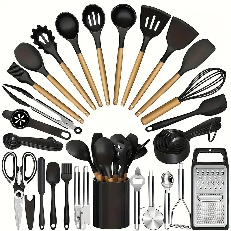34PC Silicone Cooking Utensil Tool Set with Storage & Cutting Board, Durable Kitchenware, Heat-Safe, Non-Stick, Dishwasher-Safe Kitchen Gadget for Home Baking, Includes Black & Gold Multi-Tool, Flexible Spatulas & Turners, Multi-Tool Spatulas & Turners