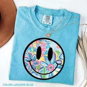 Comfort Colors Smiley Floral Summer Vibes T-Shirt, Trendy Watercolor Daisy Summer Tee, Graphic Cotton Tee, Cotton Top Womenswear