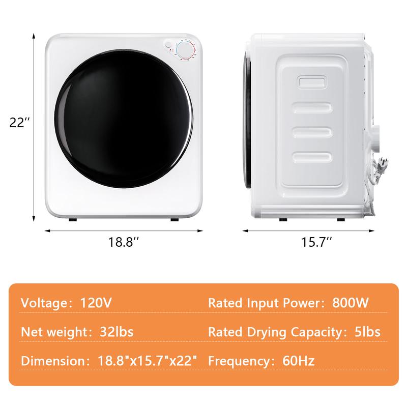 DollarDash 1.6 Cu.Ft Portable Clothes Dryer, 800W Fast Drying Front Load Laundry Dryer with 5 Mode, Mini Electric Clothing Dryer with Stainless Steel Tub, Compact Machine for Apartment, Home, Dorm