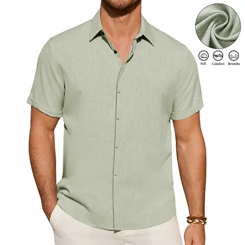 ROUWELL Men's Short-Sleeve Soft Linen Fitted Casual Shirts - Lightweight Breathable Fabric, Spread Collar Button-Down, Beach-to-Party Drip Dry Tops for Summer Beach Vacation, Back to School