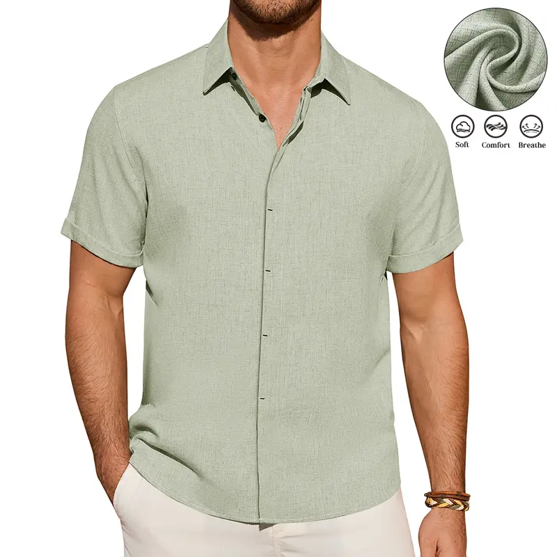 ROUWELL Men's Short-Sleeve Soft Linen Fitted Casual Shirts - Lightweight Breathable Fabric, Spread Collar Button-Down, Beach-to-Party Drip Dry Tops for Summer Beach Vacation, Back to School