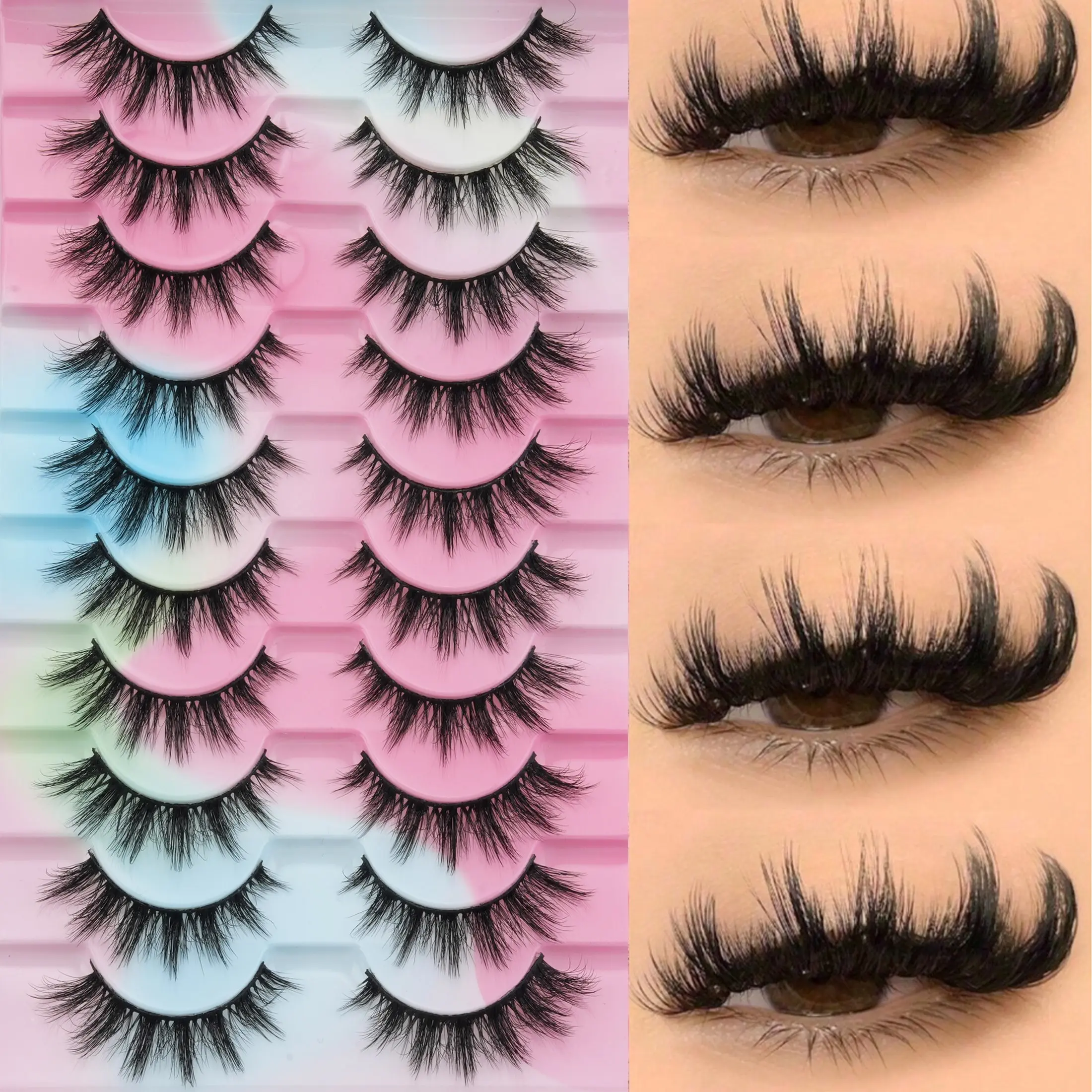 10 Pairs Fluffy Volumized False Eyelashes, C Curl Dense Style, 16-18mm Length, 0.10mm Thickness, Non-Flammable