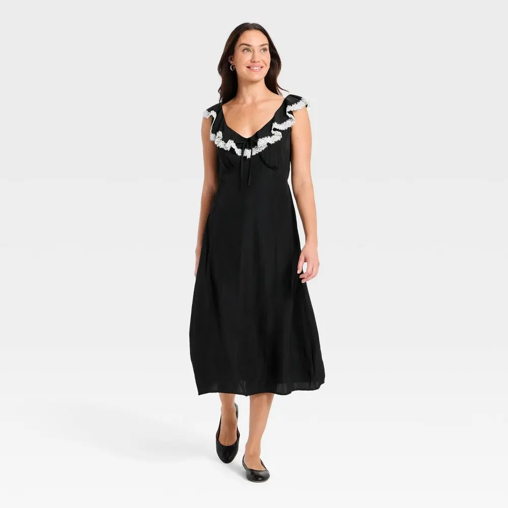 Women's Soft Polyester Ruffle Lace Midi A-Line Dress - Casual Wear Garment with Matching Accessories, Day