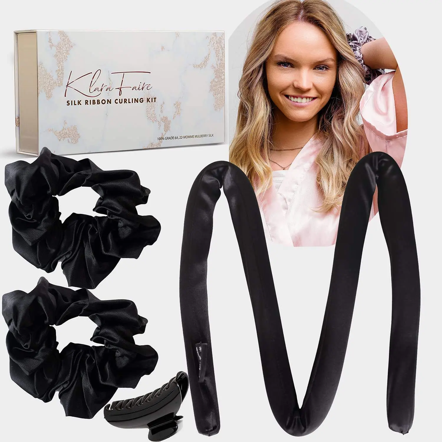 Klara Faire™-  100% Silk ribbon Curler and Scrunchies Set - Royal Black