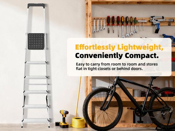 6-Step Aluminum Folding Ladder, 330 lbs Capacity with Wide Non-Slip Steps, Steel Platform, Slim Fold Design