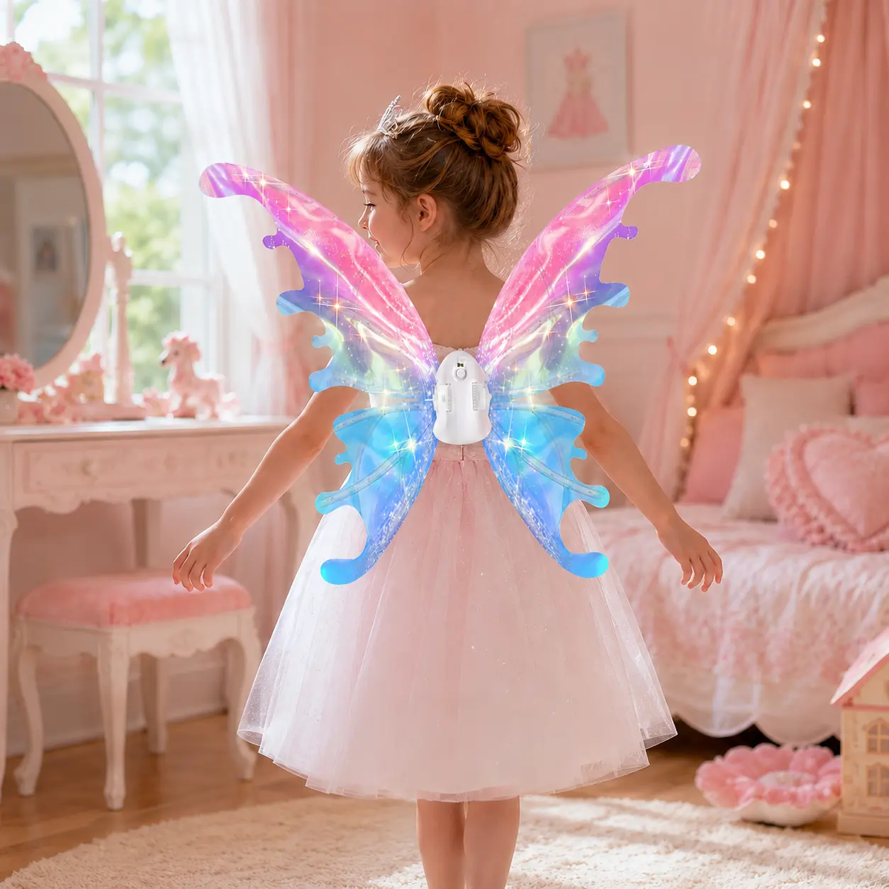 LED Electric Fairy Wings for Girls 4-8 - Light-Up Moving Butterfly Doll Cosplay Accessories, Music Function, Auto-Off, Sparkling Princess Dress-Up Costume Decoration for Halloween, Birthday Party Gifts