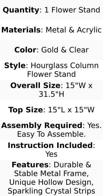 32" Crystal Pendant Flower Stand with Gold Metal Frame – Hourglass Column Vase Holder for Floral Arrangements & Table Centerpieces