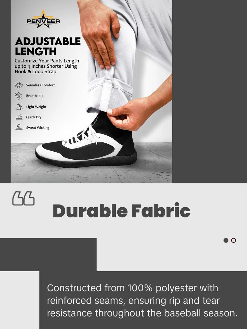 Penveer Full Length Men's Baseball Pants, Open Bottom, Loose Fit Adult Baseball Pants with Adjustable Length (White)