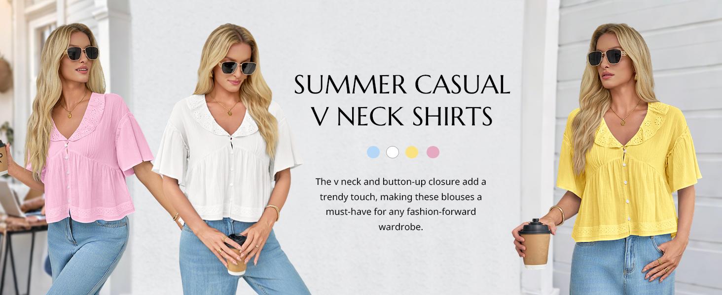 Cicy Bell Womens Cropped Babydoll Tops Summer Eyelet V Neck Short Sleeve Cute Blouses Ruffle Shirts in Comfortable Cotton Fabric