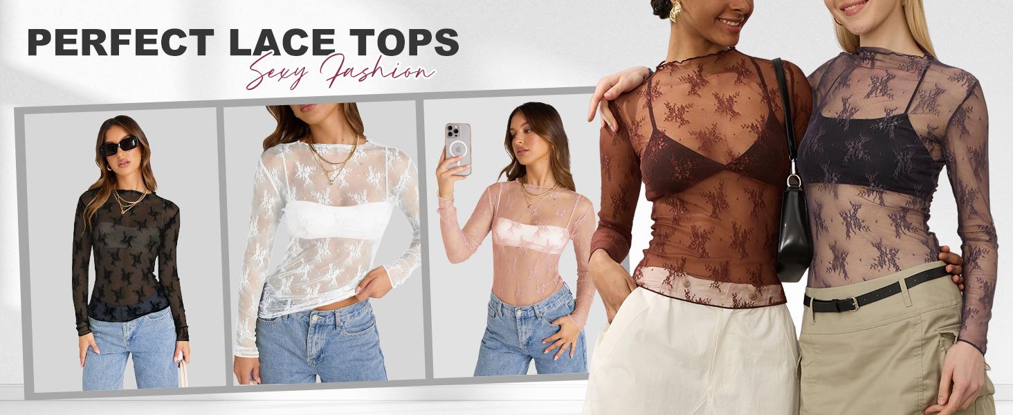 Tanming Womens Mesh Tops Lace Spring Long Sleeve Shirts Slim Fitted Outfits See Through Blouses Springfresh Summer Top #SpringStatements