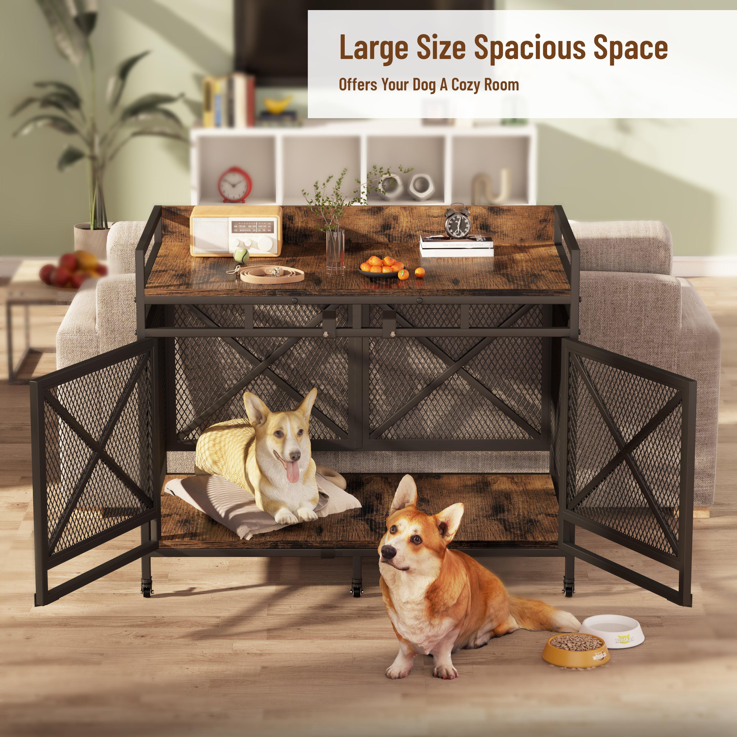 【SpringGlowUp】COZPAW Large Dog Crate Furniture, 48/52/71/78/86Inch Wooden Dog Kennel for XLarge Dogs, Heavy Duty Dogs Furniture Indoor Wire Dog Cage with Caster Wheels, Decorative Pet House End Table, Brown