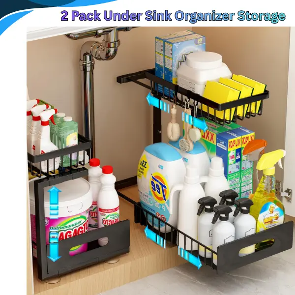 2-Pack Sturdy Adjustable Under Sink Organizer Set, 2-Tier Pull-Out Kitchen Cabinet Organizer with Sliding Metal Drawers, Iron Storage for Bathroom, Space-Saving Father’s Day Home Improvement Gift, Under-Sink Storage Kitchen Cabinets